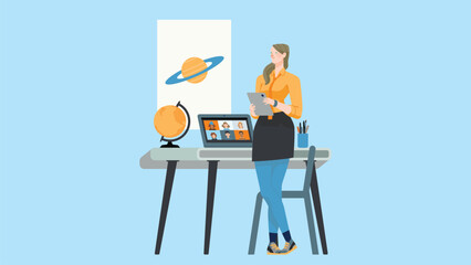 Office worker with a headache - cartoon people characters isolated illustration on white background. A young woman standing at a table holding a head. An image of workplace with computer, lamp, chair