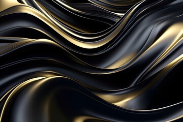 Luxury 3d silk texture black and gold background. Fluid iridescent holographic neon curved wave in motion black and golden elegant background. Silky cloth luxury fluid wave banner.