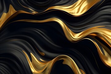 Luxury 3d silk texture black and gold background. Fluid iridescent holographic neon curved wave in motion black and golden elegant background. Silky cloth luxury fluid wave banner.