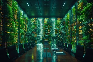 Futuristic data center server room interlaced with lush green plants, embodying the concept of eco-friendly technology and green computing