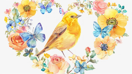 Watercolor bird surrounded by flowers and butterflies