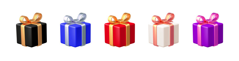 Set of realistic 3d render gift boxes. Gift boxes in different colors. Vector illustration.