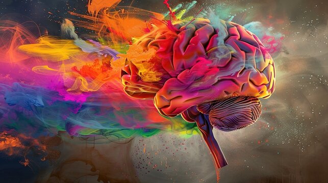 The art concept of the human brain explodes with knowledge and creativity into different colors.