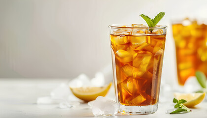 Glass of ice tea on white background