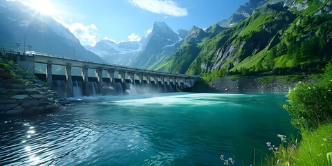 Swiss mountain hydroelectric dam provides sustainable renewable power reducing global warming. Concept Renewable Energy, Hydropower, Sustainable Infrastructure, Climate Action, Global Warming