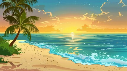Fototapeta na wymiar A cartoon illustration of a beach with palm trees and the ocean, AI