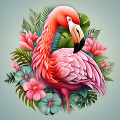 Pink flamingo with palm leaves, monstera and tropical flowers illustration. Beautiful exotic bird