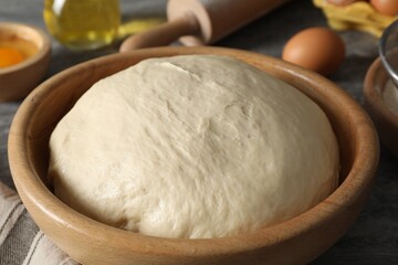 Raw dough in bowl on table, closeup