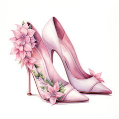Beautiful women's stilettos watercolor illustration. Festive shoes decorated with pink flowers for wedding