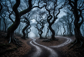 A winding path leads into a forest shrouded in darkness, where gnarled trees cast twisted shadows under the pale moonlight