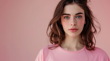 Close up of young woman with white skin, brown hair, wavy hair and a clear pink t shirt, isolated in a light pink studio. Portrait person.	