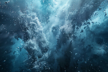 Dramatic underwater scene with swirling bubbles and light
