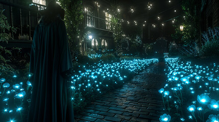 Naklejka premium Enchanted night garden with glowing flowers and mysterious figure