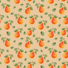 Seamless pattern of pears and leaves. Fruit background. Illustration with watercolor and marker. Botanical artwork with organic healthy food for packaging, fabric, menu design.Hand drawn isolated art