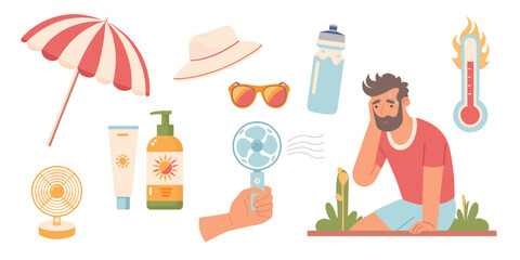 Intense heat. The man is sick from the heat. Sunstroke. Sun protection products. Fan, Water, Beach umbrella, SPF, Sunglasses, Sun hat