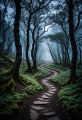 Obraz premium A winding path leads into a forest shrouded in darkness, where gnarled trees cast twisted shadows under the pale moonlight