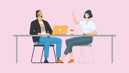 Business People Sitting At The Table Vector. Laughing Friends, Office Colleagues Man And Woman Talking To Each Other. Business Team. Isolated Cartoon Character Illustration