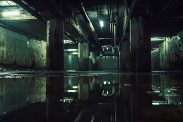 Surreal underground view with reflective water and eerie lighting