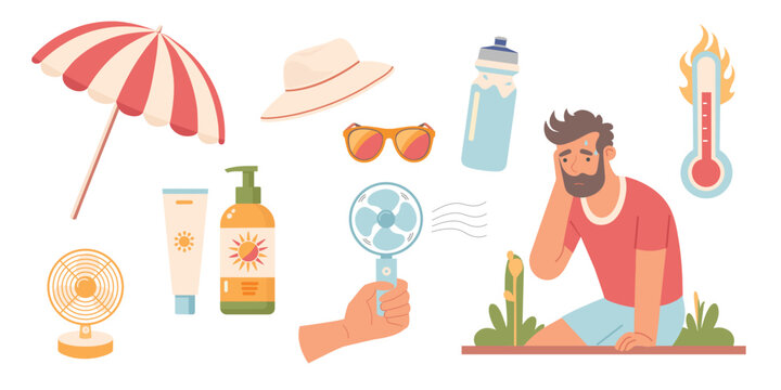 Intense heat. The man is sick from the heat. Sunstroke. Sun protection products. Fan, Water, Beach umbrella, SPF, Sunglasses, Sun hat