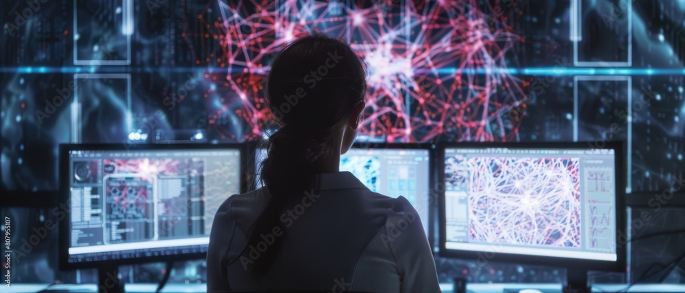 Poster a futuristic concept shows a female computer engineer working on her computer while looking at two d