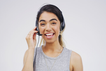 Portrait, woman and headset for call centre, communication and smile by white background. Gen z,...
