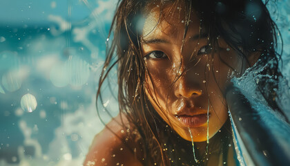 A woman is in the water with her head above the surface