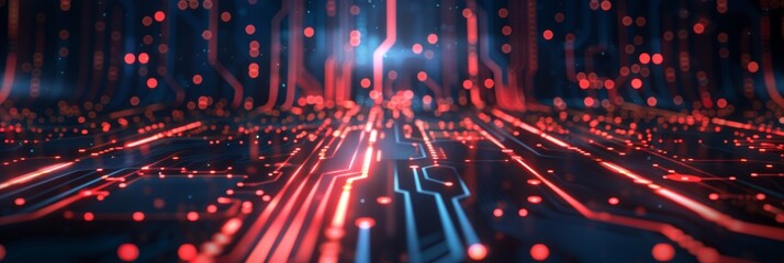 Fototapeta premium A computer circuit board with red and blue lights, AI