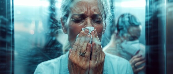 Several middle-aged women are seen coughing in a crowded elevator in a modern office building. People are afraid to catch the virus in a lift.