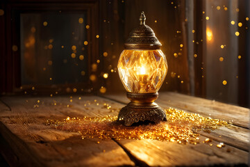 Mystical lantern with golden sparkles; ideal for fantasy themes or magical moments
