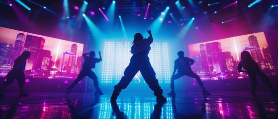 A Music Clip Studio Set Featuring Three Professionals Dancers Performing on Stage with Big LED Screen with Modern City Background. Director and Cameraman behind the scenes.