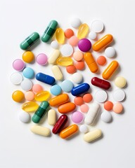 An array of colorful pills and capsules spread out on a clean white surface, highlighting the diversity in medication types and dosages