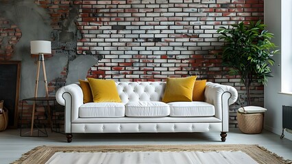 Modern industrial loft with white tufted sofa yellow pillows and brick wall. Concept Decorating Trends, Urban Style, Home Interiors, Furniture Design, Loft Living