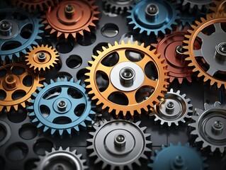 A series of gears interlocking, with each gear labeled with different business sector logos, symbolizing seamless operational synergy