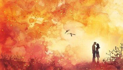 Blend the fiery hues of a sunset with the delicate silhouette of a couple in love