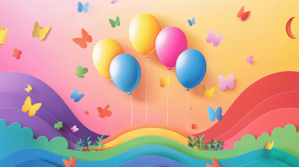 Colorful balloons and butterflies with rainbow landscape