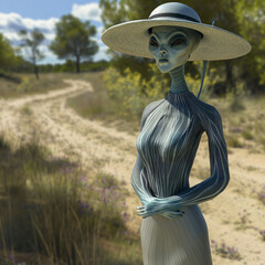 An elegant beautiful female alien standing outside in the nature during a hot sunny summer day. She's wearing a sophisticated dress and a hat
