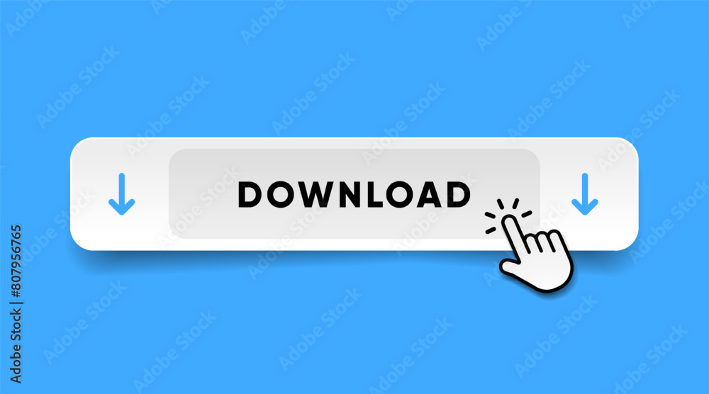 Poster 3d download now button with hand cursor. Save cloud icon button hand pointer clicking. Click here banner with shadow. Click push button isolated. Online shopping.
