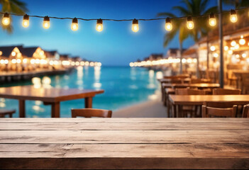 Seaside Serenity, Wooden Table Overlooking Beach Cafes with a Dreamy Bokeh Lights Background
