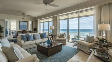 Fototapeta premium Beachfront Condo: Along the coastline, a beachfront condo provides breathtaking views of the ocean, with the sound of waves creating a soothing backdrop for everyday life