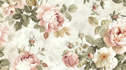A beautiful floral pattern with pink roses and green leaves on a light pink background. The pattern is seamless and can be used for fabric, wallpaper, or other home decor projects.