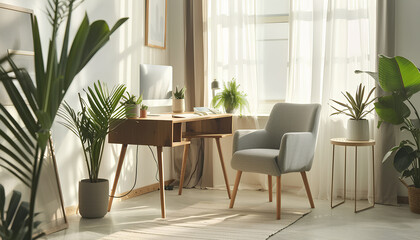 Fototapeta premium Stylish interior of room with comfortable workplace and houseplants