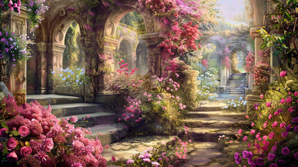 Garden with blooming flowers, arches and steps, fantasy landscape illustration