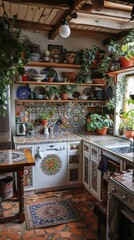 Bohemian kitchen space with a colorful mosaic table, eclectic decor, and hanging plants for a cozy feel
