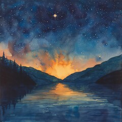 Naklejka premium beauty of a lake at dusk, with celestial elements inspired by astrology