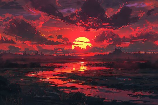 Witness a breathtaking scene as the sun sets, casting a crimson glow over a mythological battlefield