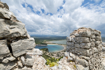 voidokilia beach in the peloponnese from navarino castle in greece