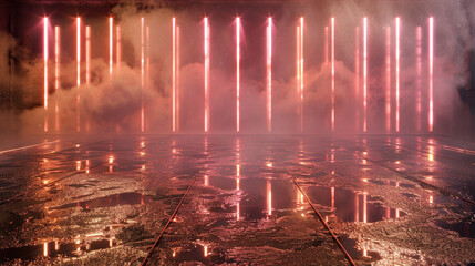 Empty stage with rose gold neon lighting, wet asphalt reflecting lights, smokey background.