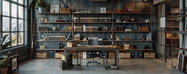 Modern industrial design study space, metal desk with open book shelves and rustic wooden boxes