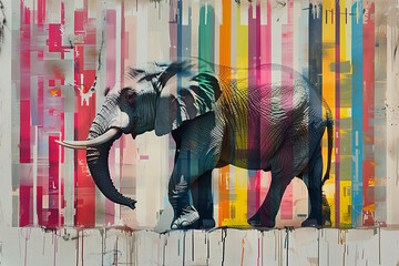 Colorful abstract elephant art with urban glitch effect
