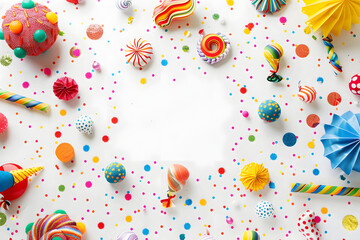 Fototapeta premium carnival decoration on a white surface, center is empty, top-down-view